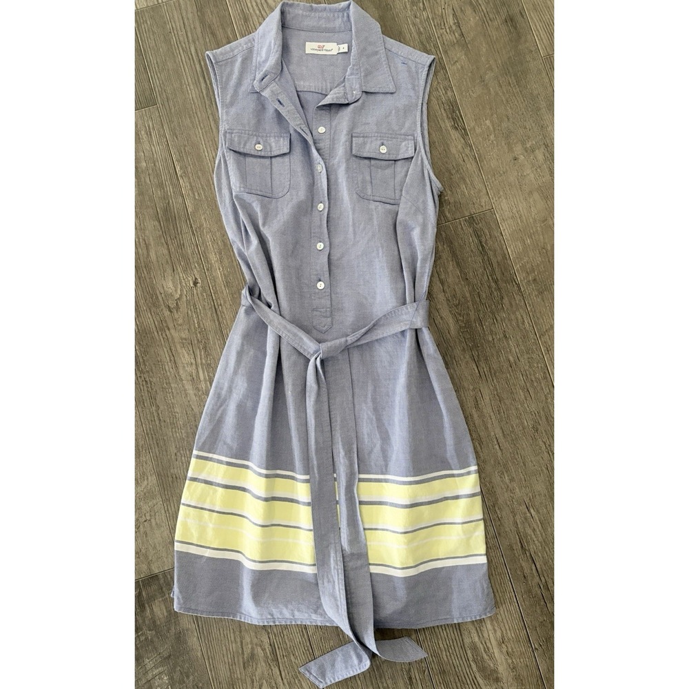 Women 4 vineyard vines knee lenghth blue yellow sleeveless dress Button Collar